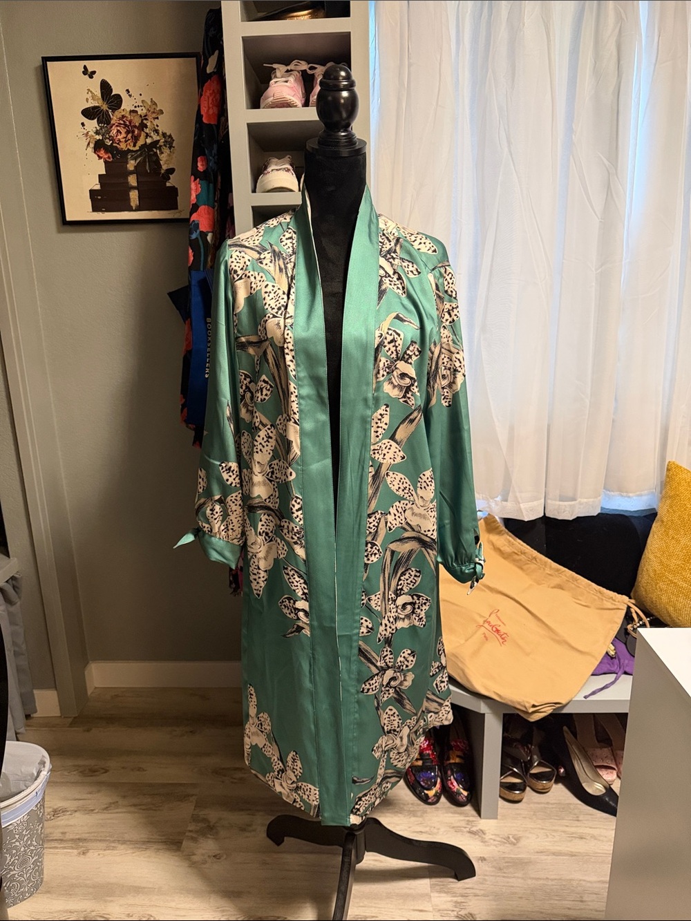 Aqua Teal Floral Satin Long Robe